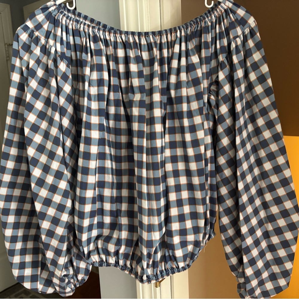 Caroline Constas Andros Check Balloon Sleeve Elastic top